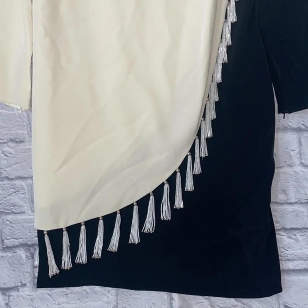 Bob Mackie Color Block Beaded Fringe Long Sleeve Shift Dress